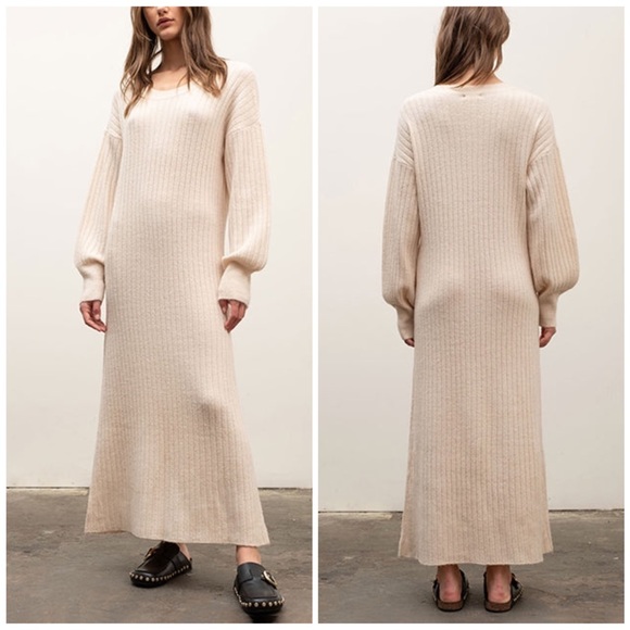 Moon River Dresses | Moon River Soft Cream Ecru Neutral Ribbed Knit Long Sleeve Maxi Sweater Dress S | Color: Cream/White | Size: S | Stefpirk's